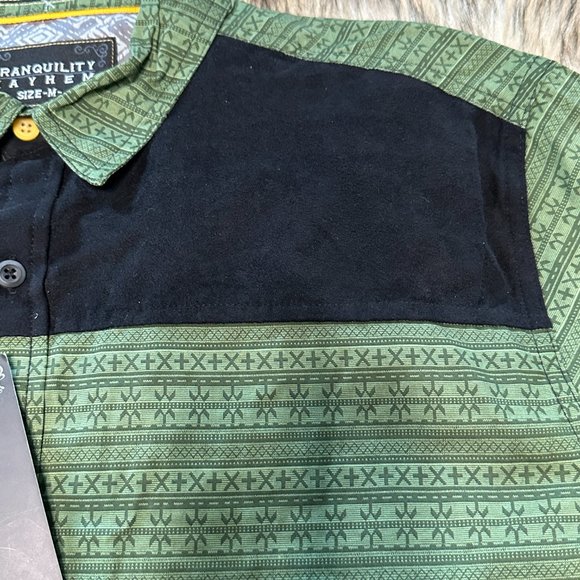 Mens Tranquility Mayhem Green Black Suede Shirt Quarter Sleeve Button Top Med - Picture 3 of 7